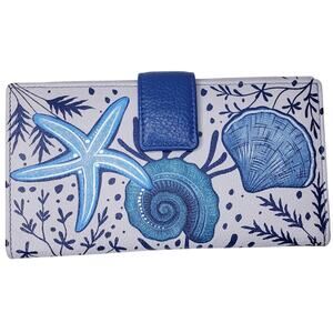 NWOT ANNA by ANUSCHKA Sea Shell Handpainted Leather 2 Fold Organizer Wallet